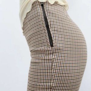 Zara Women Hi Rise Legging Plaid Side Zip Dress Pants Brown Size S NWT